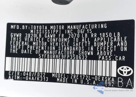 2015 Toyota Corolla S Plus из США, поврежденный, VIN 5YFBURHE9FP350632